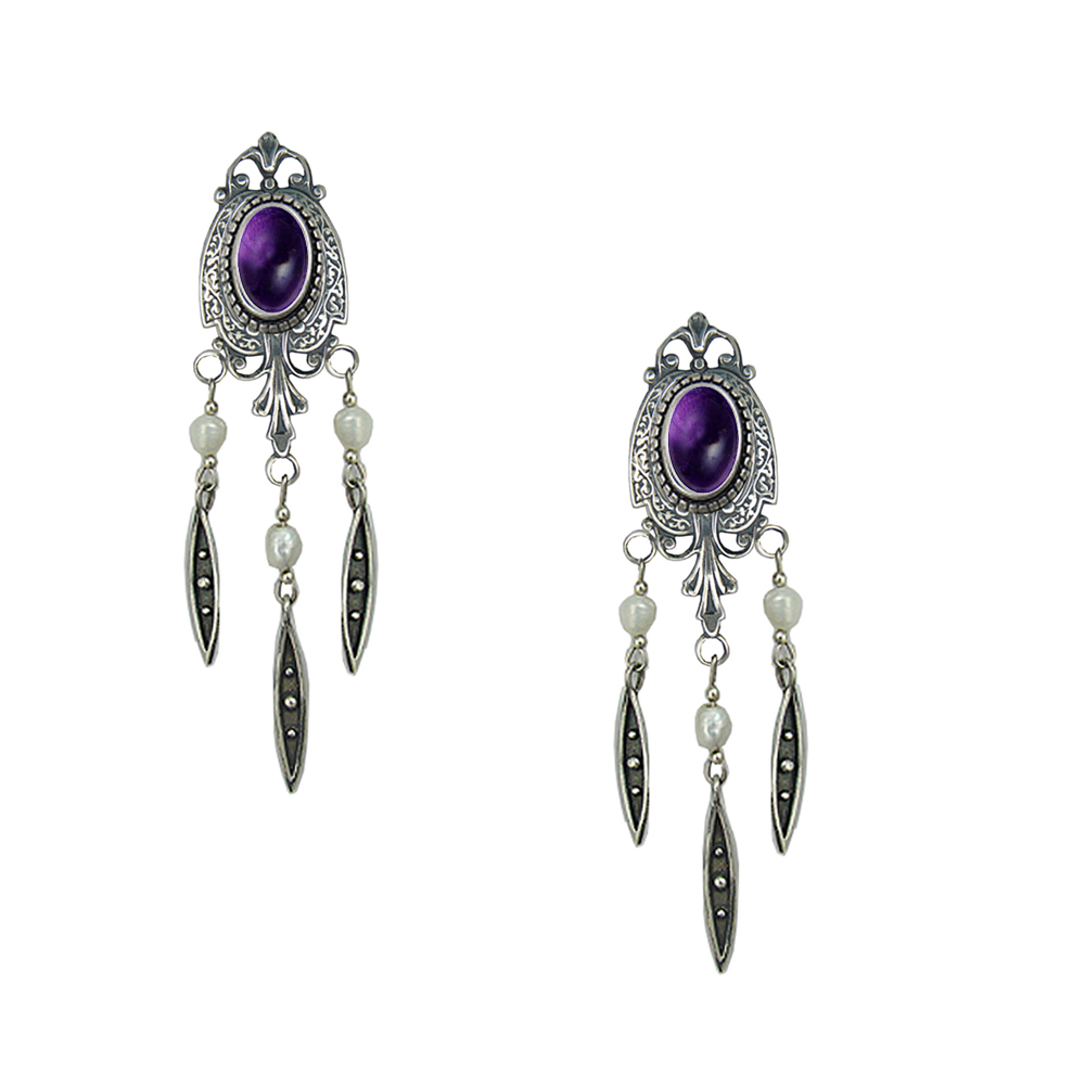 Sterling Silver Victorian Style Drop Dangle Earrings With Amethyst